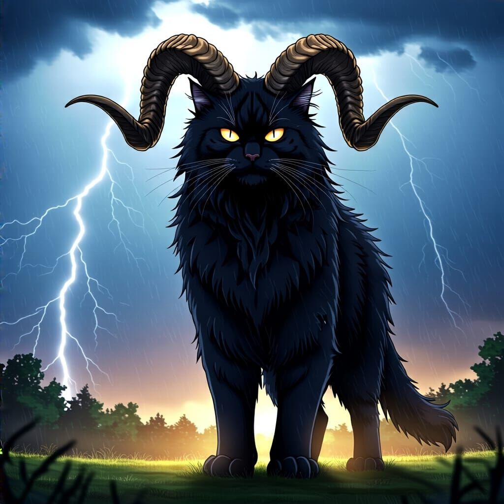 Demonic Black Cat in Thunderstorm, Anime Style