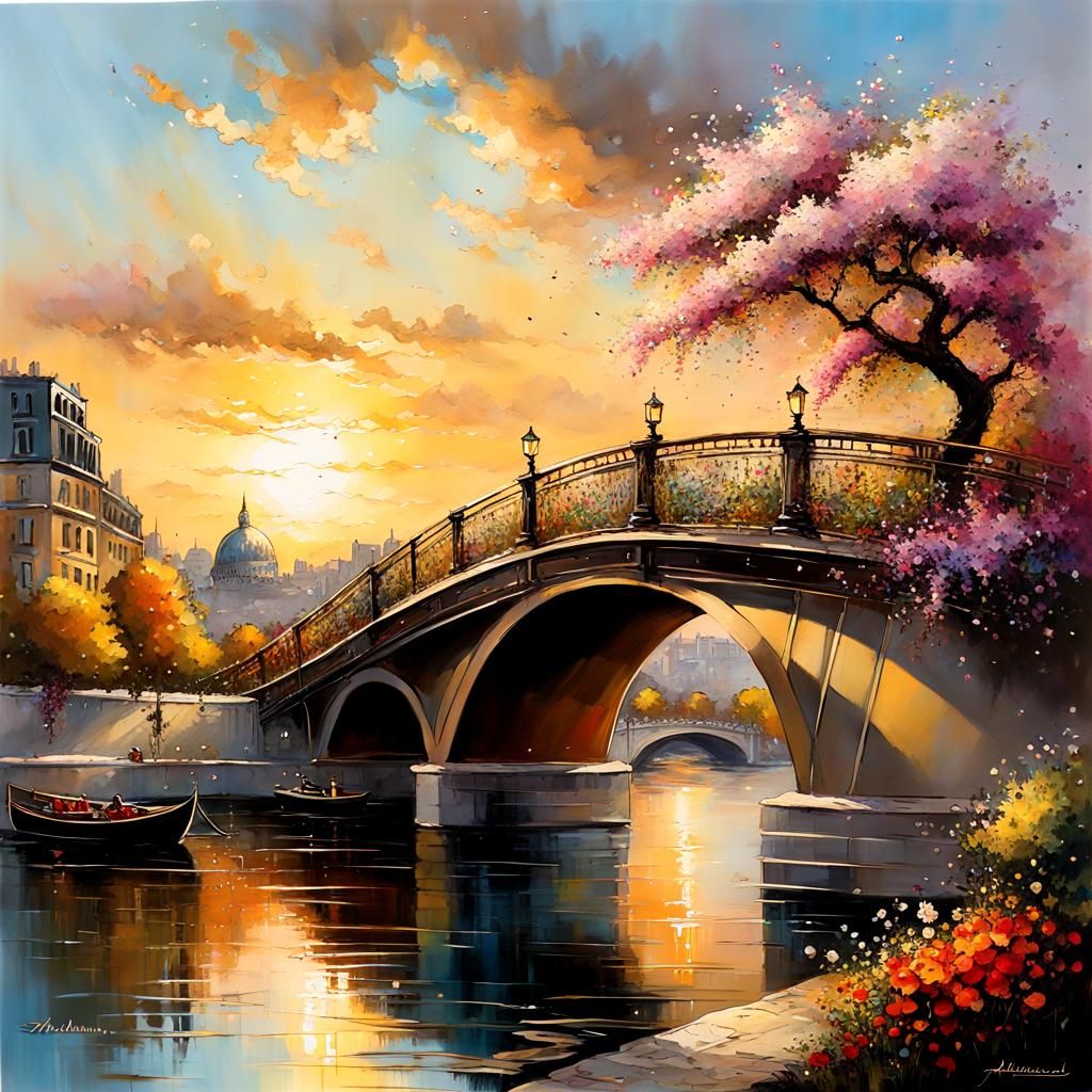 Bustling Cityscape Bridge at Golden Hour