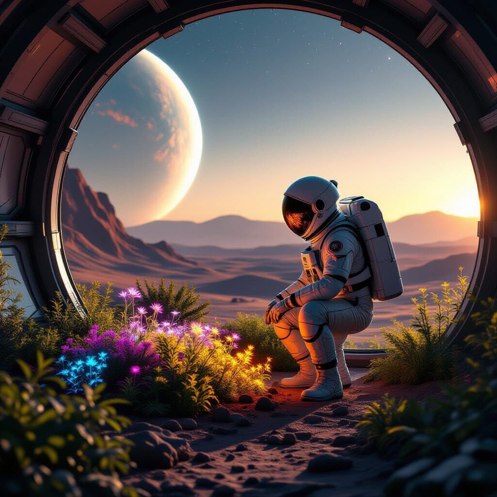 Astronaut Tends Alien Garden on Mars Reflecting Earth