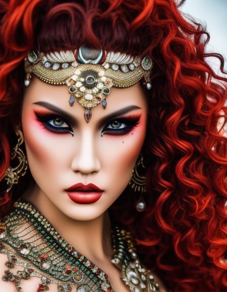 Hyperrealistic Red-Haired Goddess with Tattoos