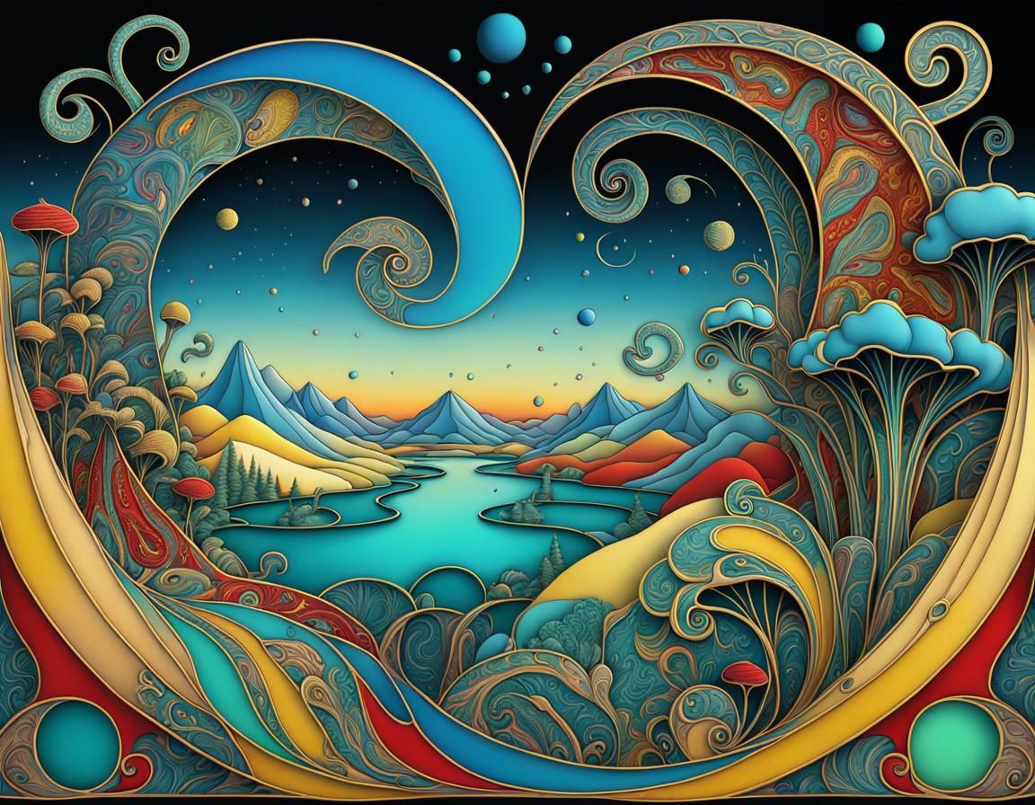 Surreal 3D Landscape with Paisley and Fibonacci