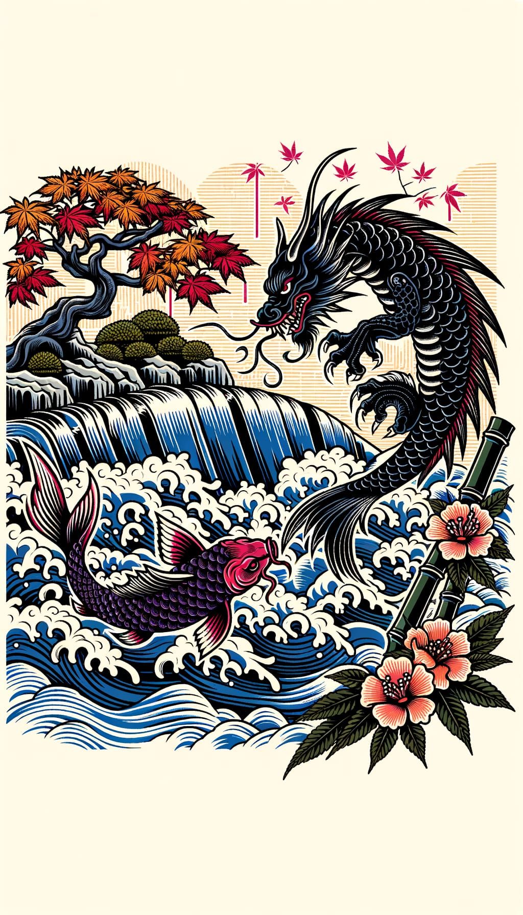 Koi Fish Dragon Transformation in Japanese Tattoo Style