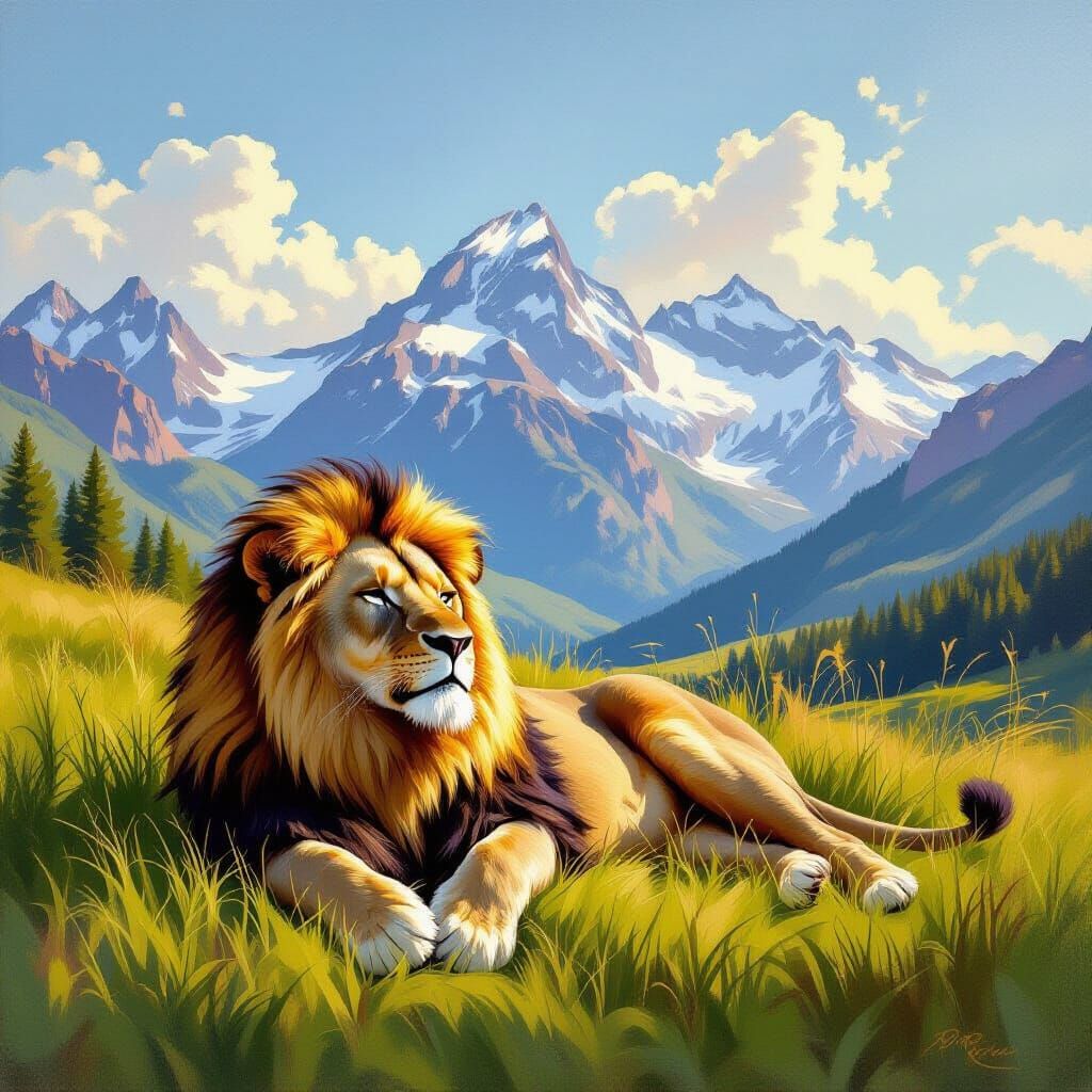Majestic Lion in Serene Landscape Oil Painting