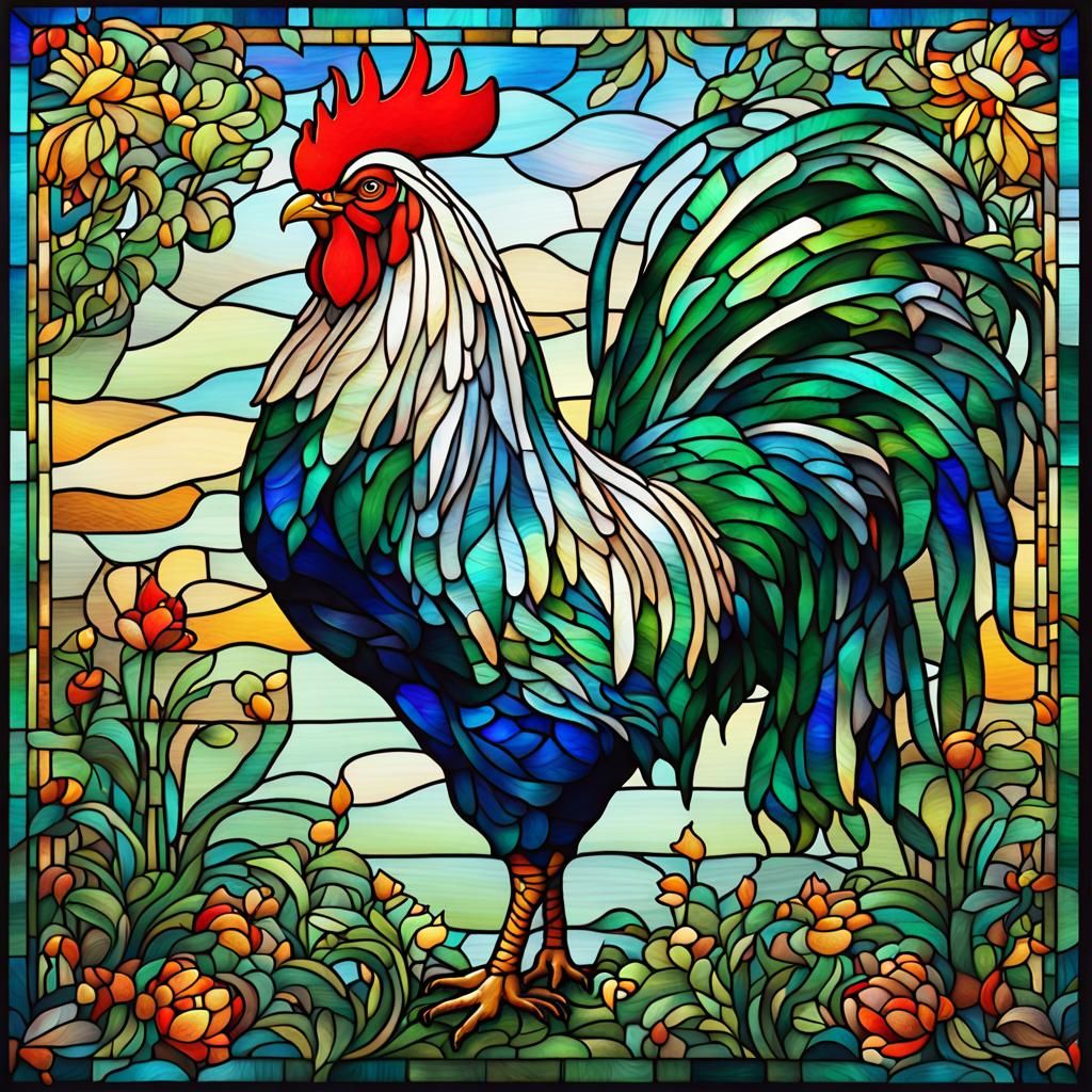 Majestic Rooster in Stained Glass Garden