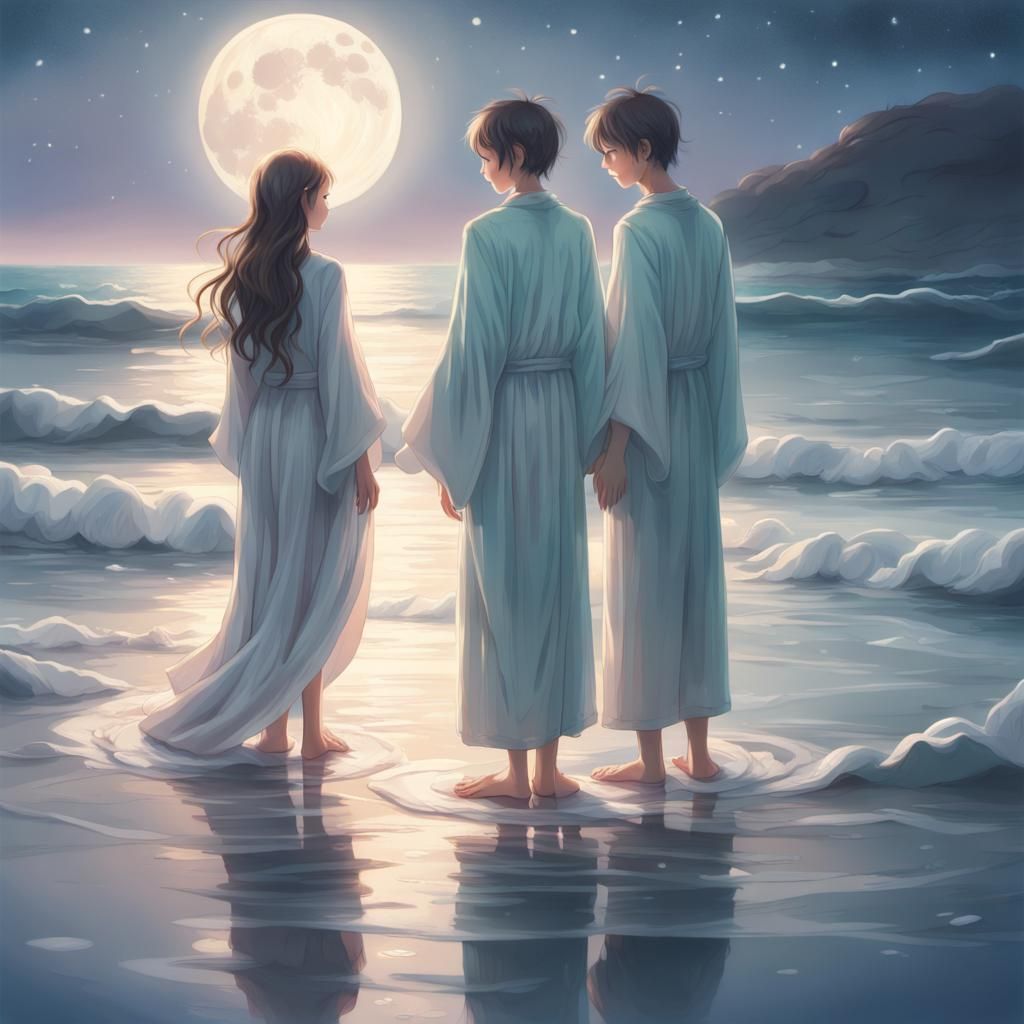 Moonlit Ocean Dream: Brother and Sister by the Sea