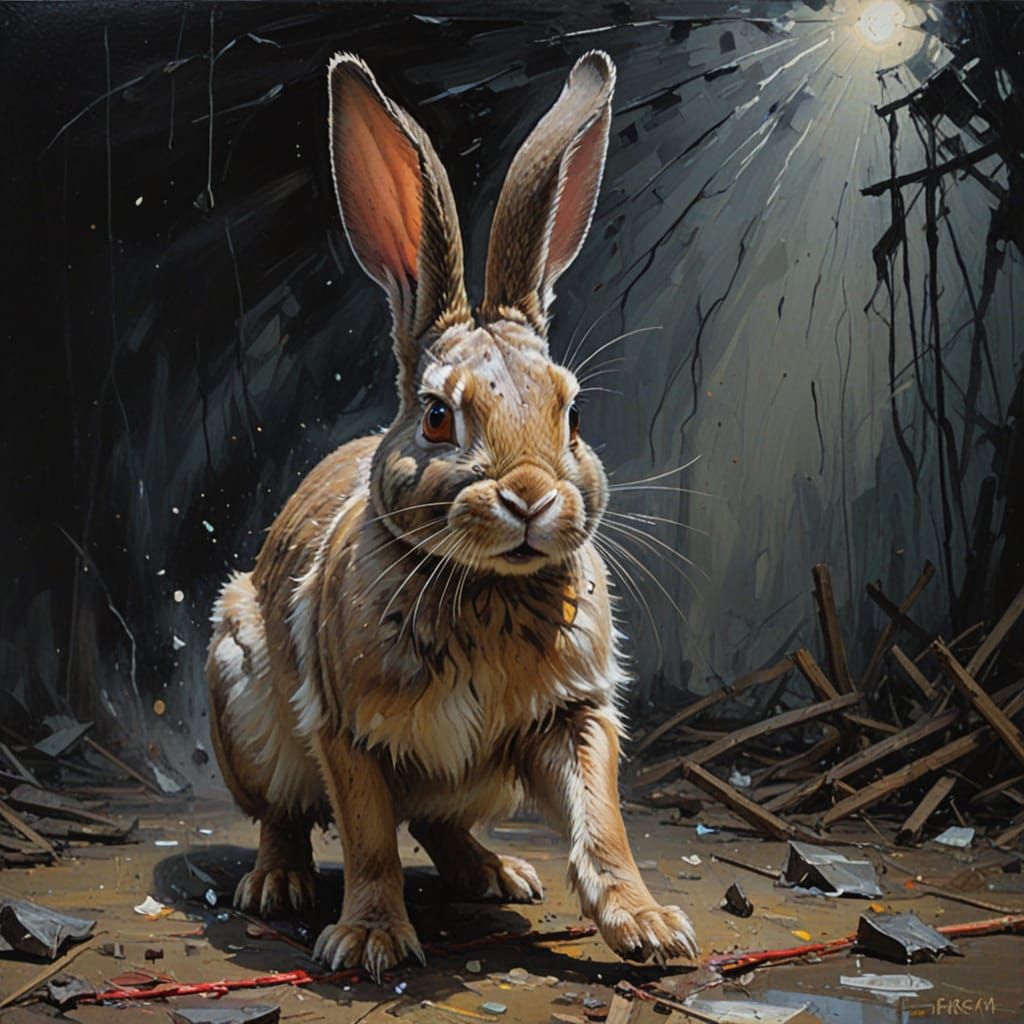 Neo-Expressionist Rabbit's Chaotic Escape Oil Painting