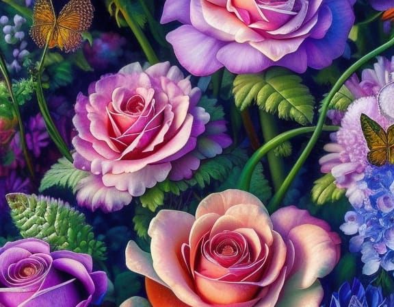 Lush Rose Flowers with Dewdrops in Hyperrealistic Style