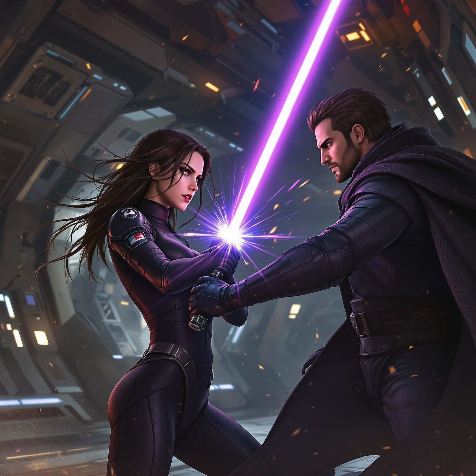 Lightsaber Duel in Futuristic Hangar