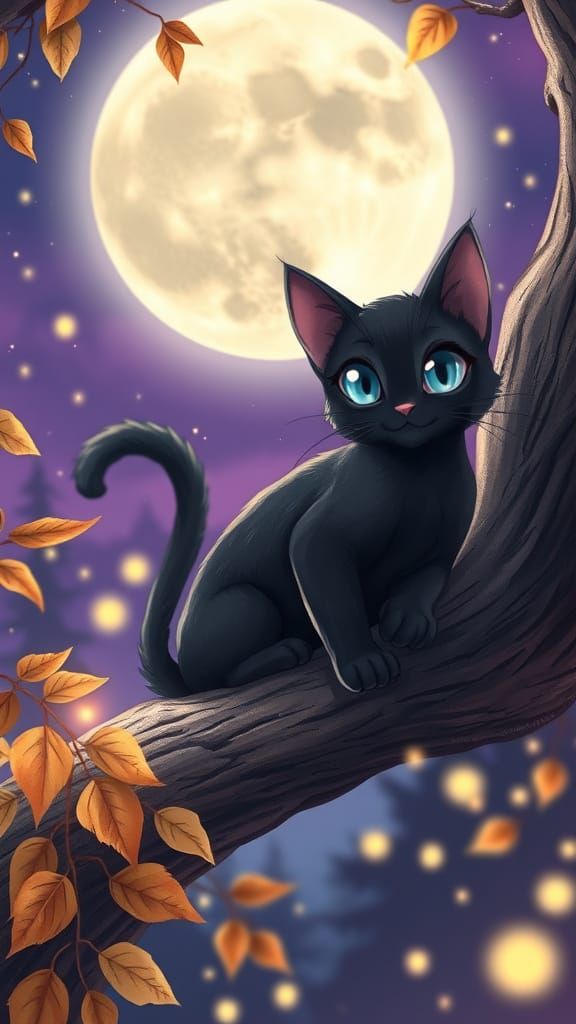 Black Cat with Blue Eyes in Starry Night Anime Style