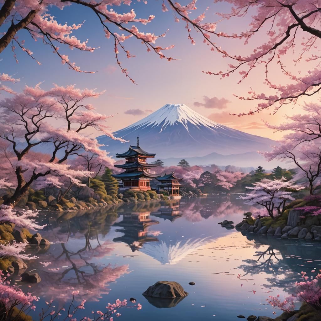 Japanese Landscape with Mount Fuji in Watercolor Style