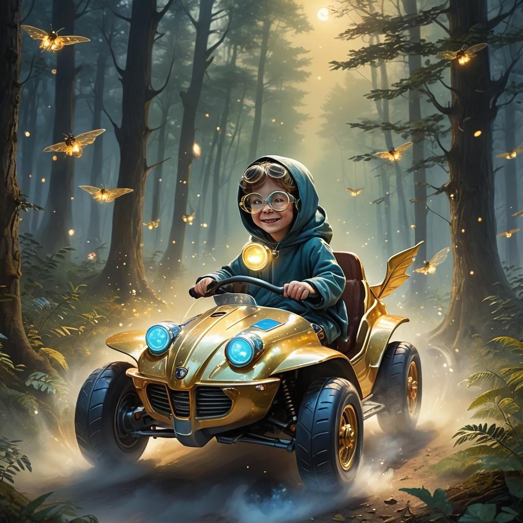 Child's Ethereal Air Car Ride in Moonlit Forest