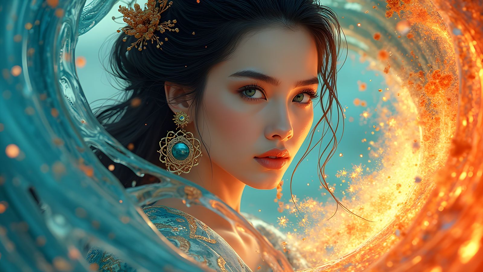 Radiant Model Portrait with Fire and Ice Background