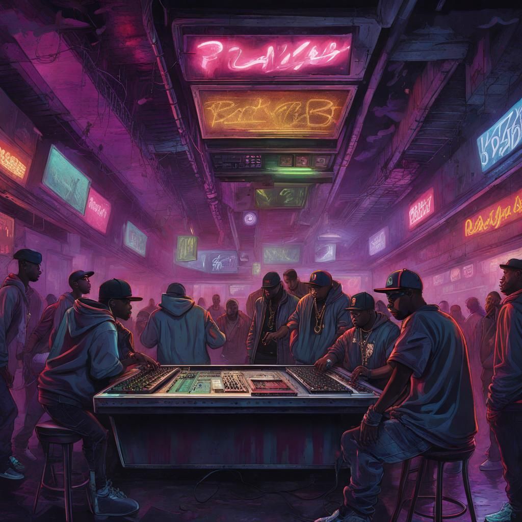an AI art piece inspired by the underground hip-hop scene. Depict a gritty, underground hip-hop club with raw talent and...