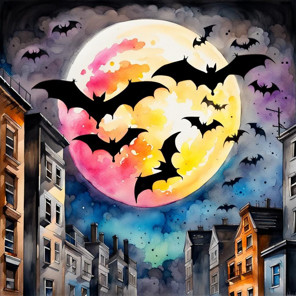 Watercolor Bats Flying on Full Moon Night