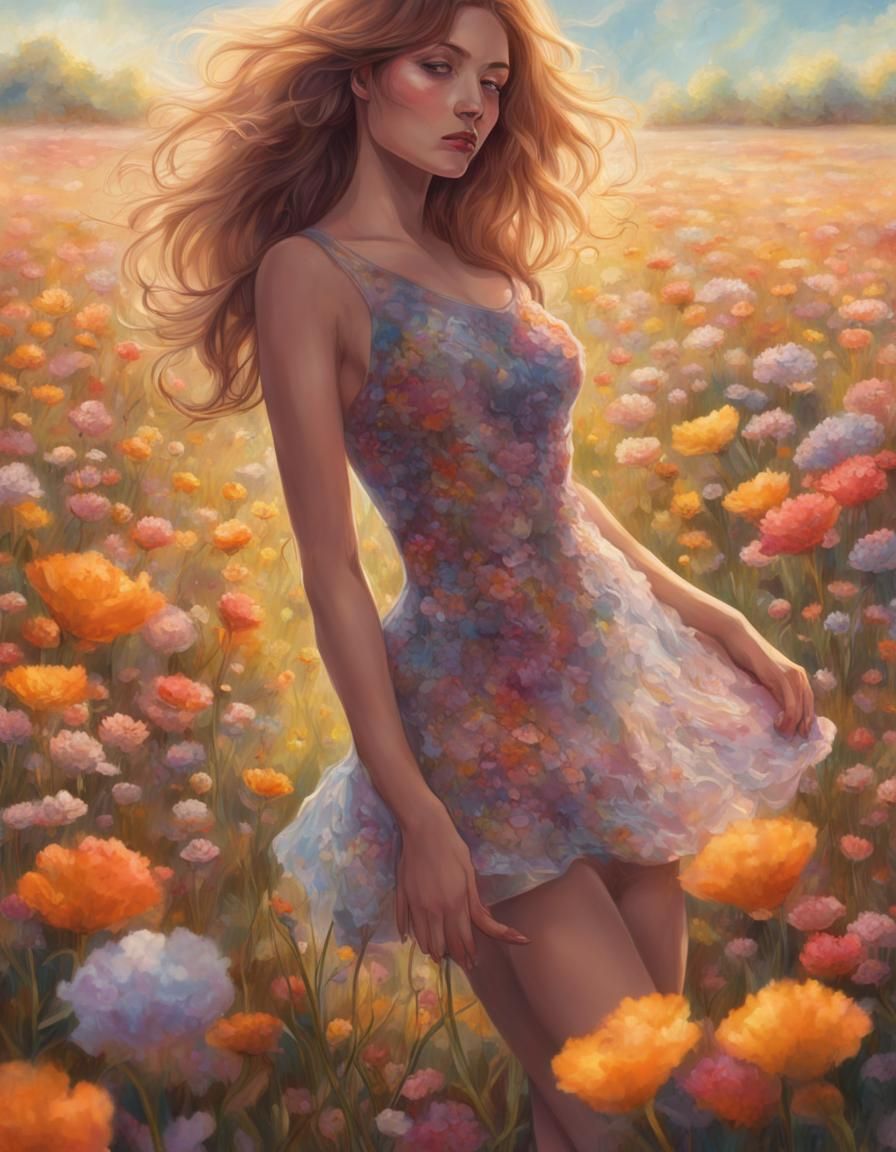 Glowing Woman in Flower Field, Hyperrealistic Splash Art