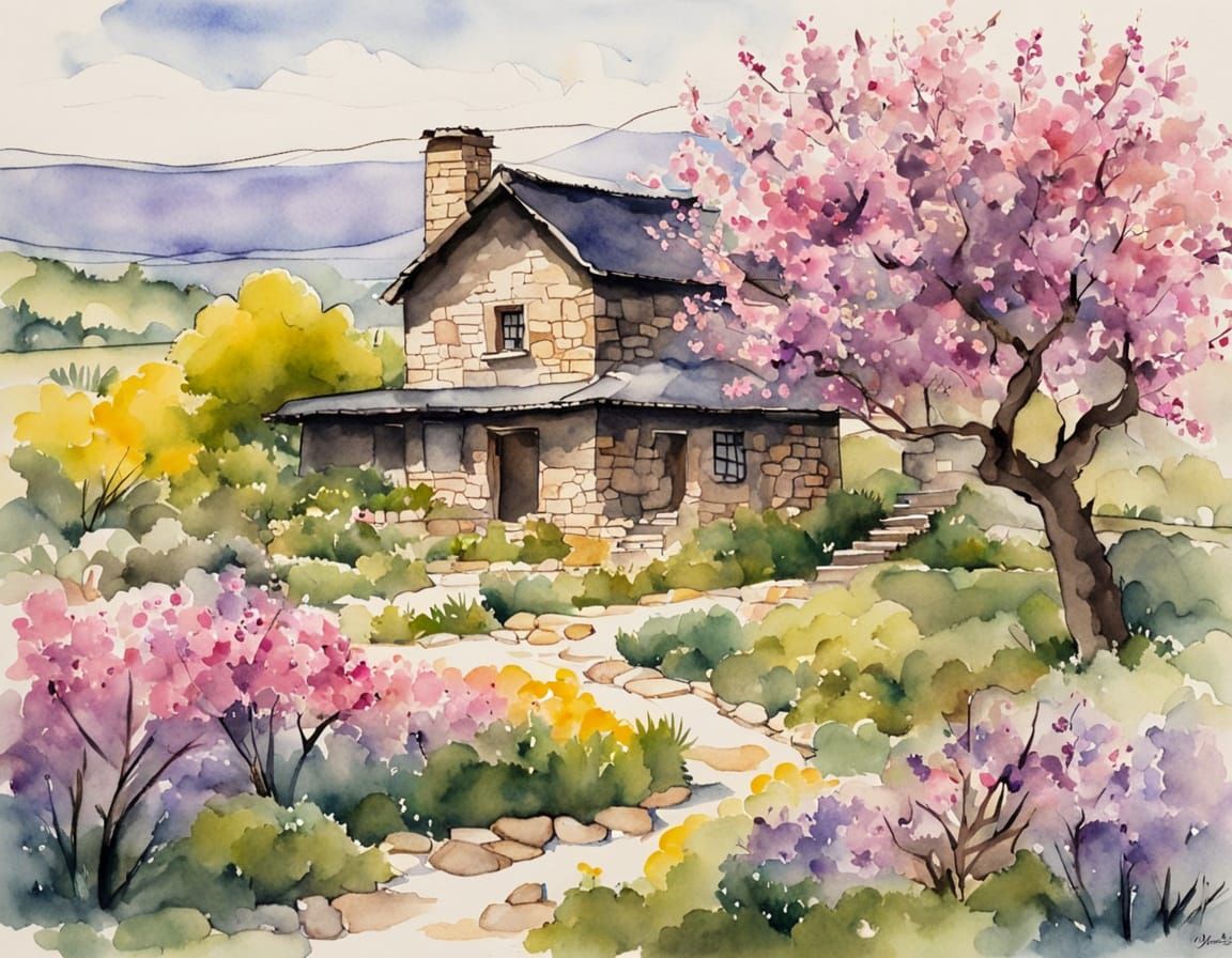 Watercolor Orchard House Painting with Vibrant Blossoms