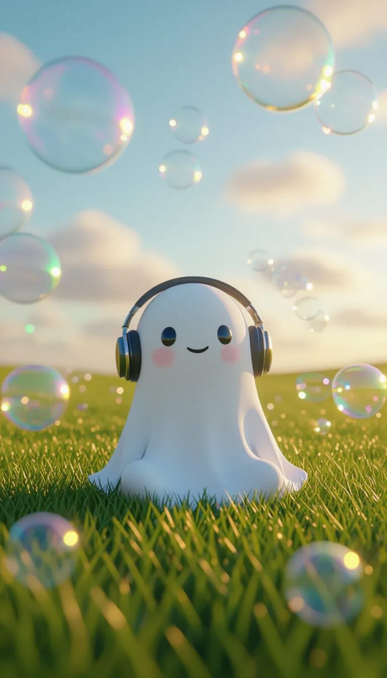 Tiny 3D Ghost Enjoys Bubble Sky in Golden Hour