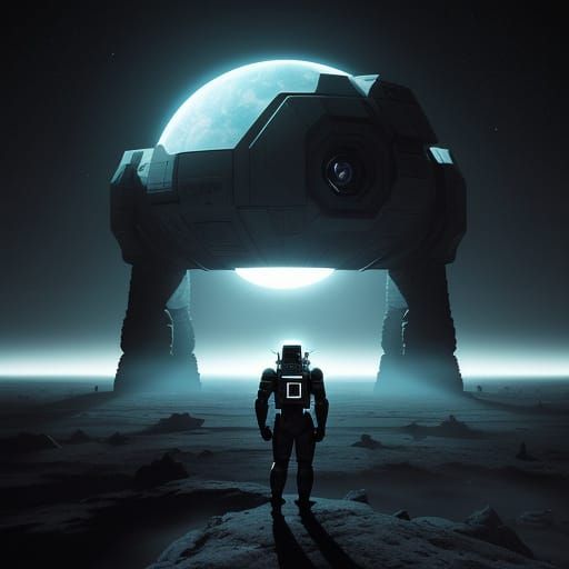 Astronaut Explores Alien Ruins Under Double Sunset