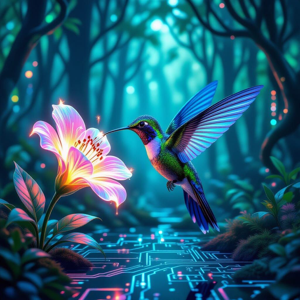 Biomechanical Hummingbird in Neon Cyberpunk Forest