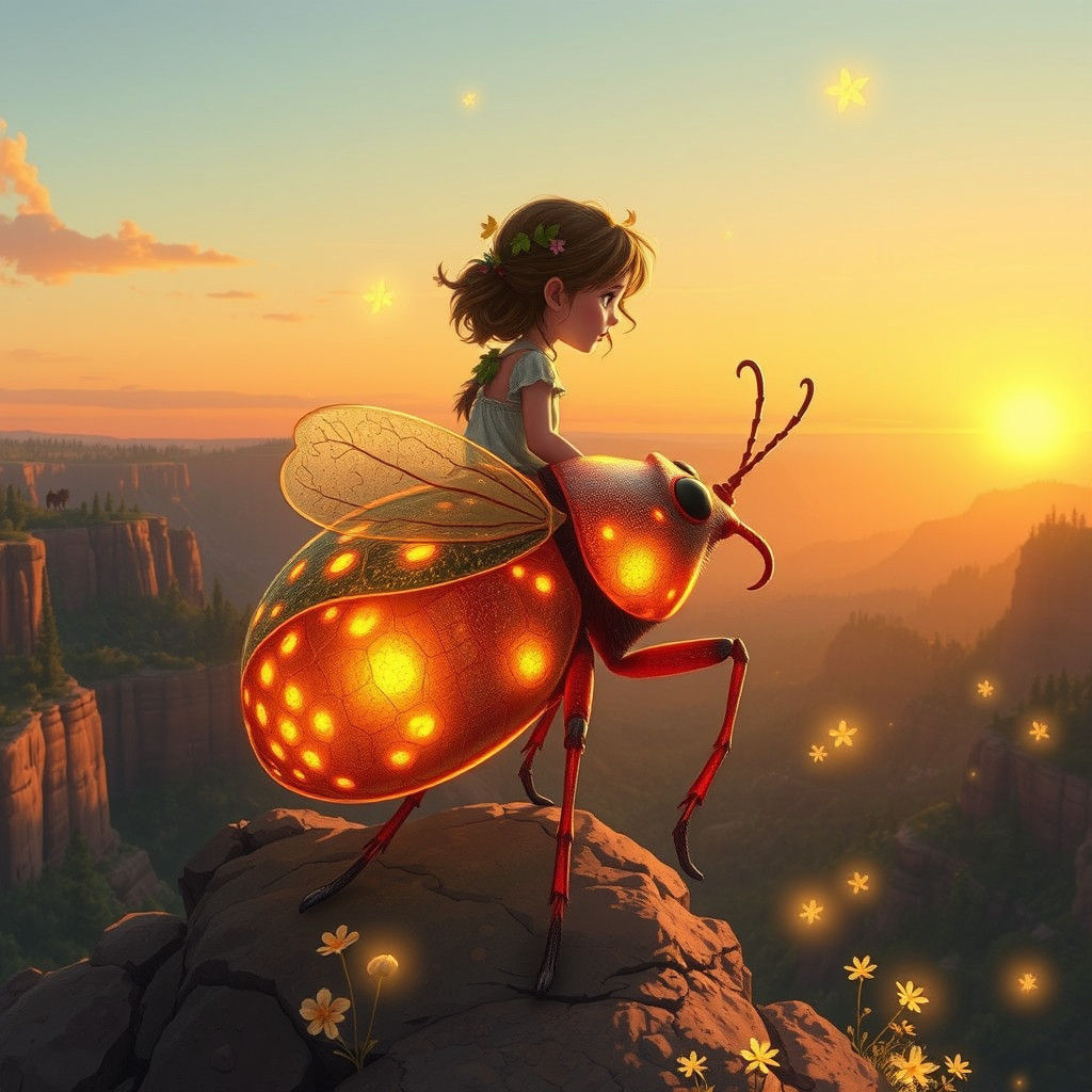 Girl Rides Giant Bug in Sunset Valley