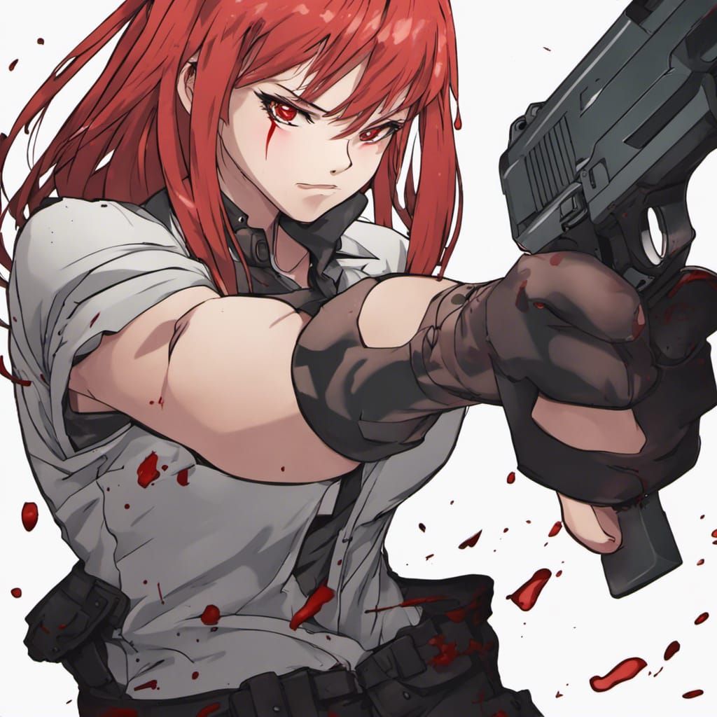 Tough Red-Haired Girl with Gun in Anime Style