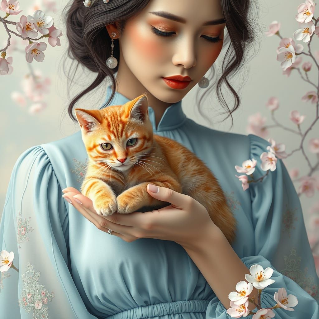 Woman with Cat in Ethereal Pastel Portrait
