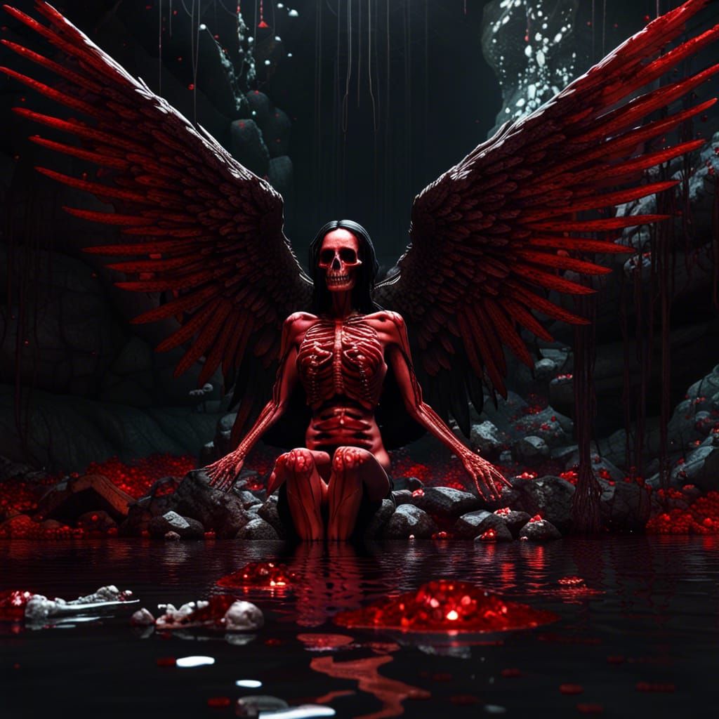 Bloody Red Skeleton with Angel Wings in Cave