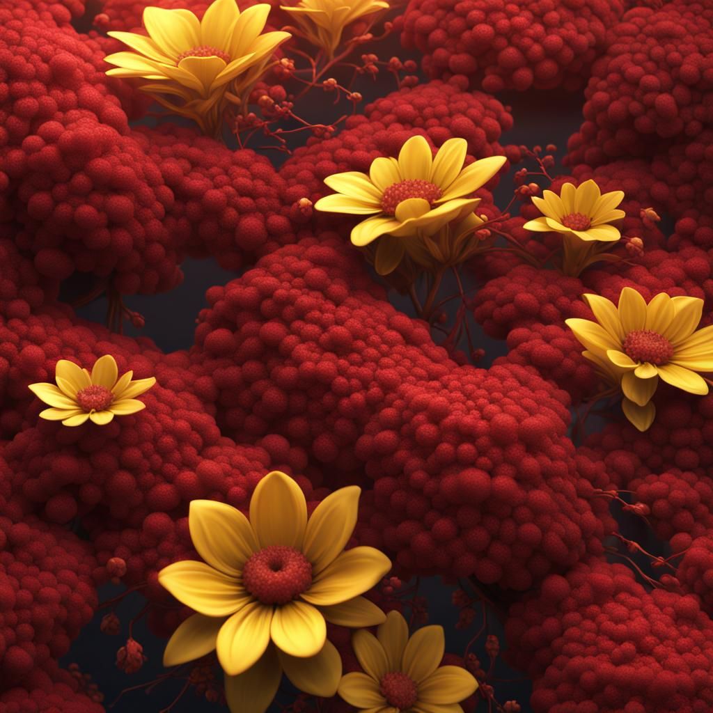 Fantastical Red Foam and Yellow Flowers, Detailed Painting