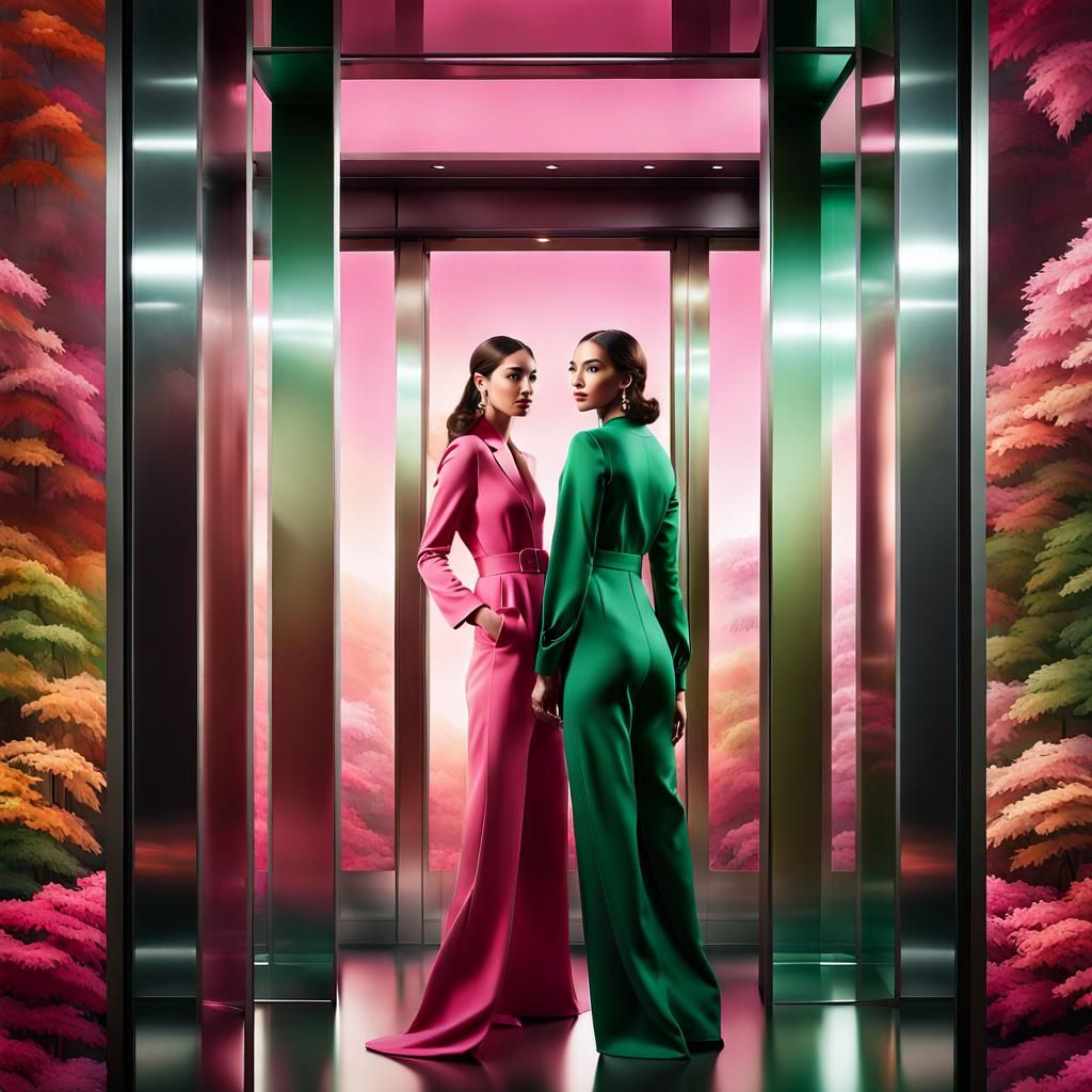Woman Ascending Seasons in Elevator, Hyper-Realistic Art