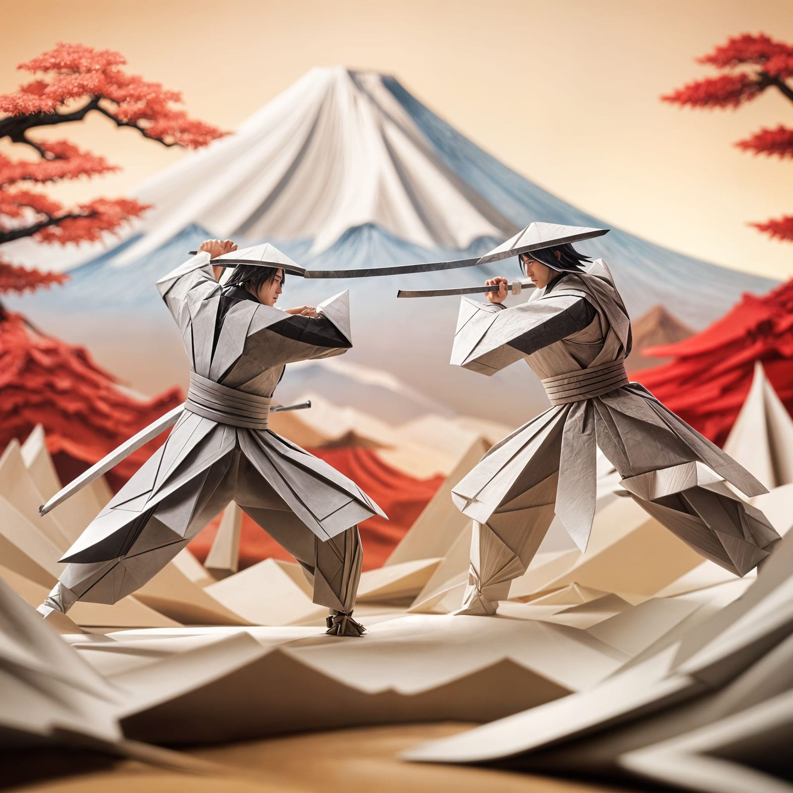 Samurai Duel with Mount Fuji in Papercraft Style