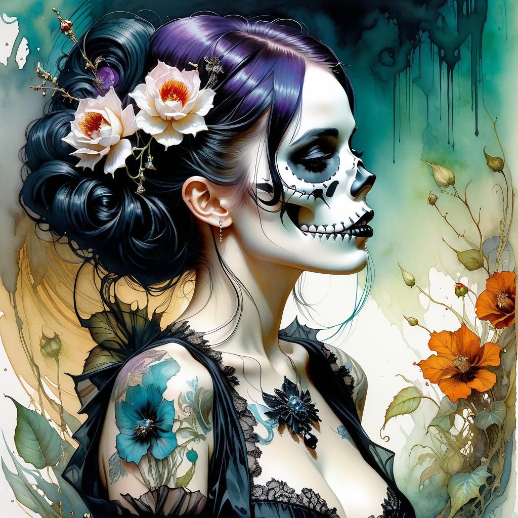 watercolor pen and alcohol ink illustration of full body goth retro gothabilly pinup model, ((floralskulls print cotton ...