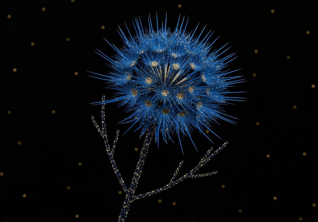 Futuristic Blue Dandelion with Gold Glitter