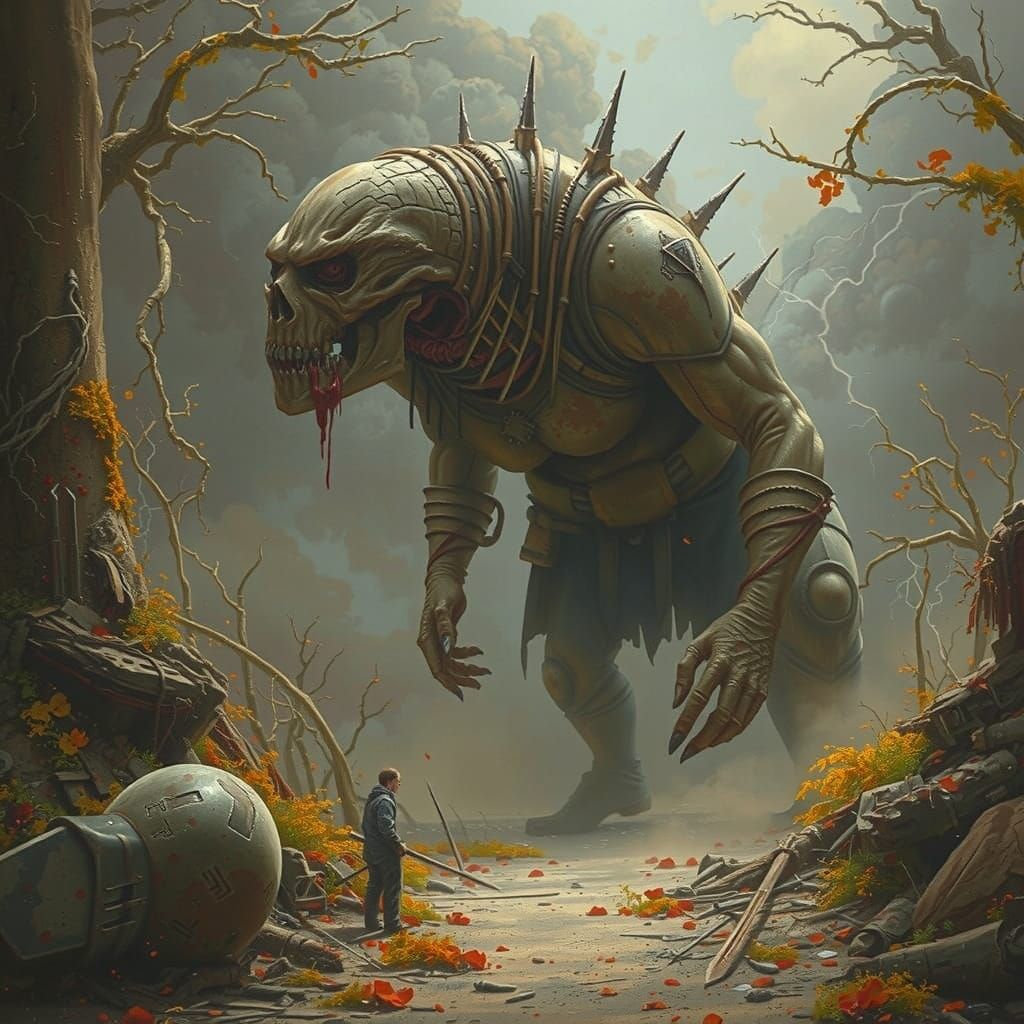 Gritty Dark Fantasy Figure on a Blood-Soaked Battlefield