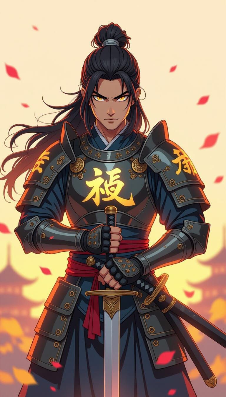 Anime Wushi Warrior with Glowing Kanji, Digital Painting