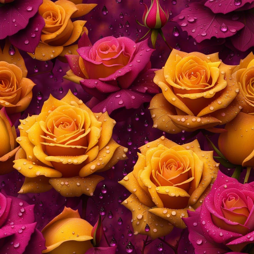 Dew-Kissed Yellow Roses Among Magenta Autumn Leaves