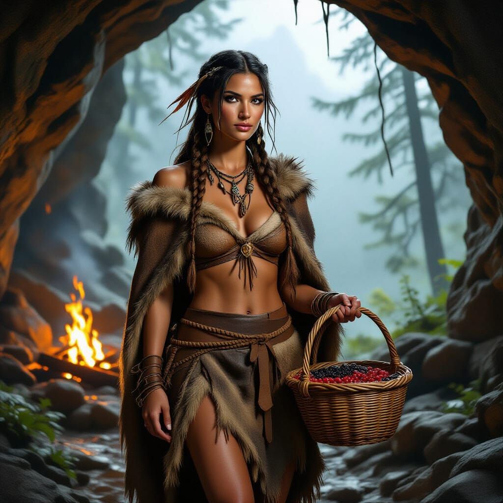 Prehistoric Woman with Basket, Earthy Realism