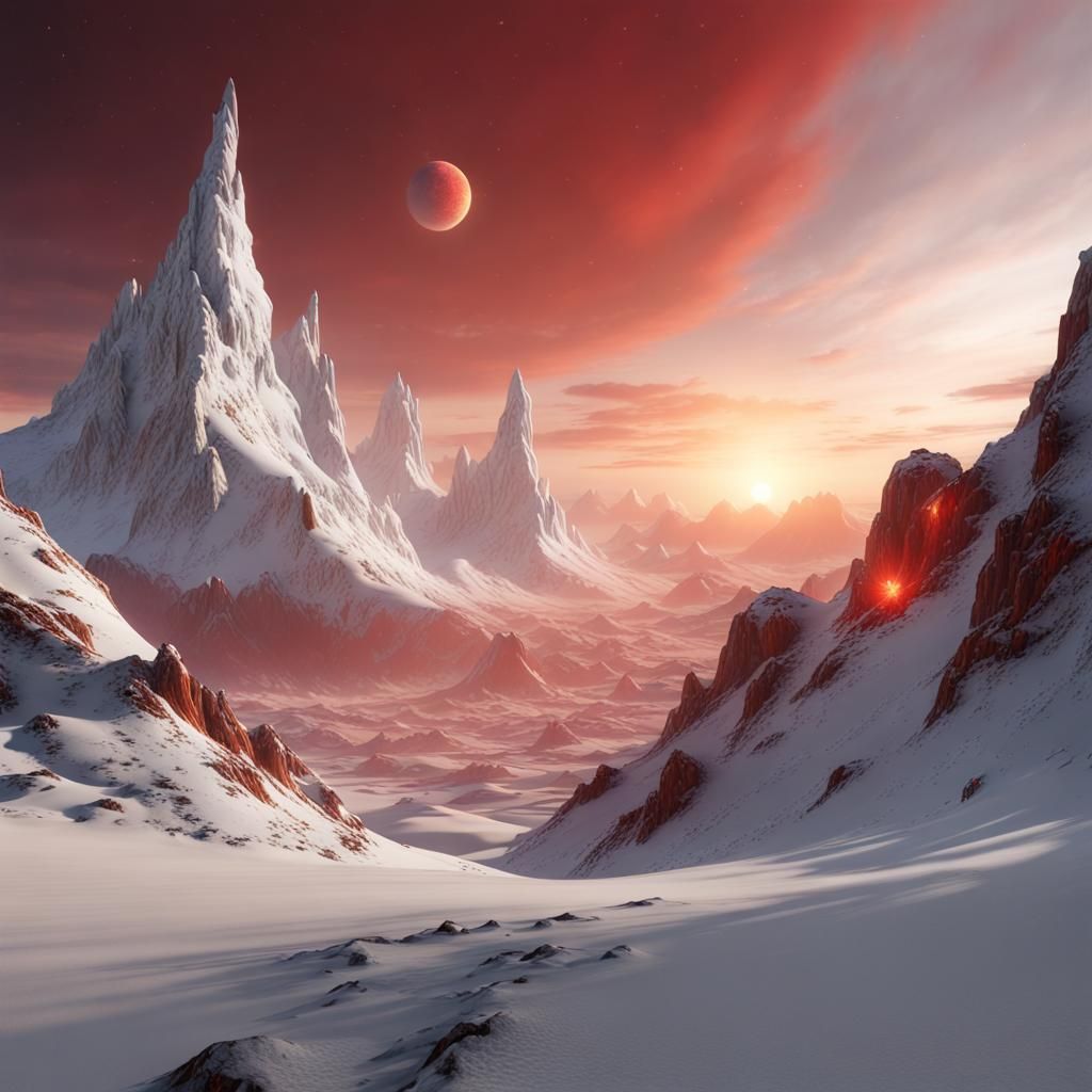 Snowy Mountain Under Twin Suns: Fantasy Concept Art