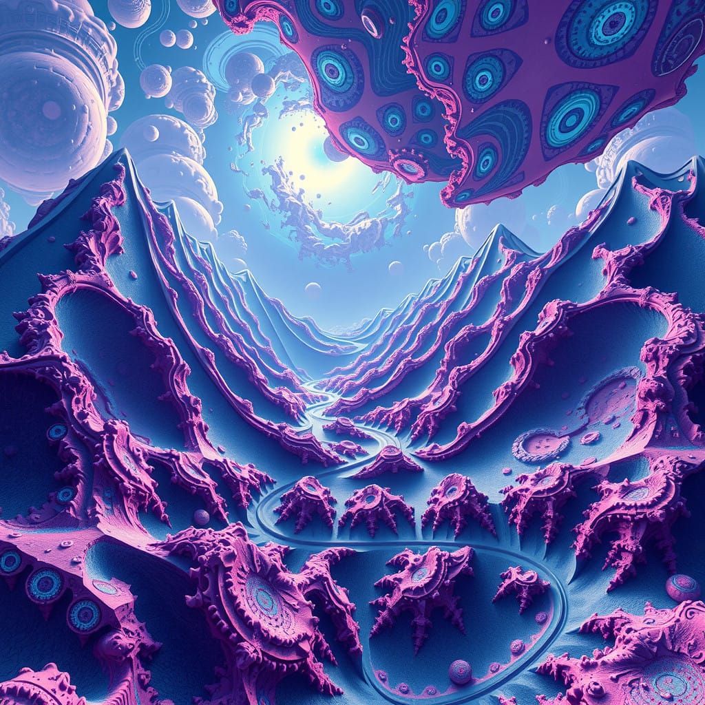 Mystical Mandelbrot Landscape with Swirling Seahorses
