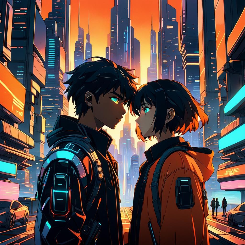 Tyler and Elohim in a Futuristic Anime City