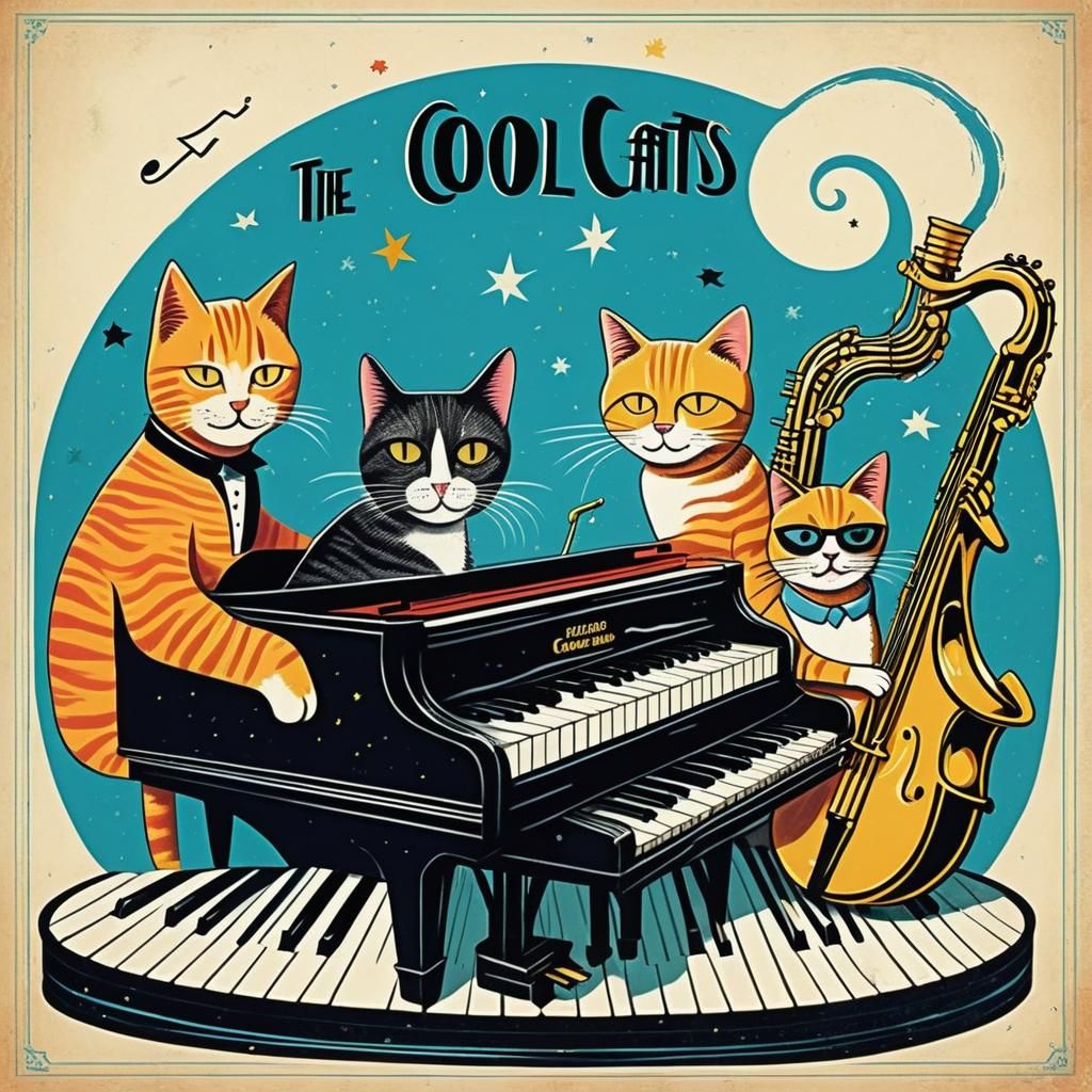 musician cats on a record album cover,  cat playing piano, s...
