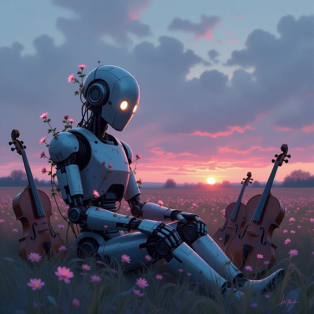 Weathered Robot Among Forgotten Instruments