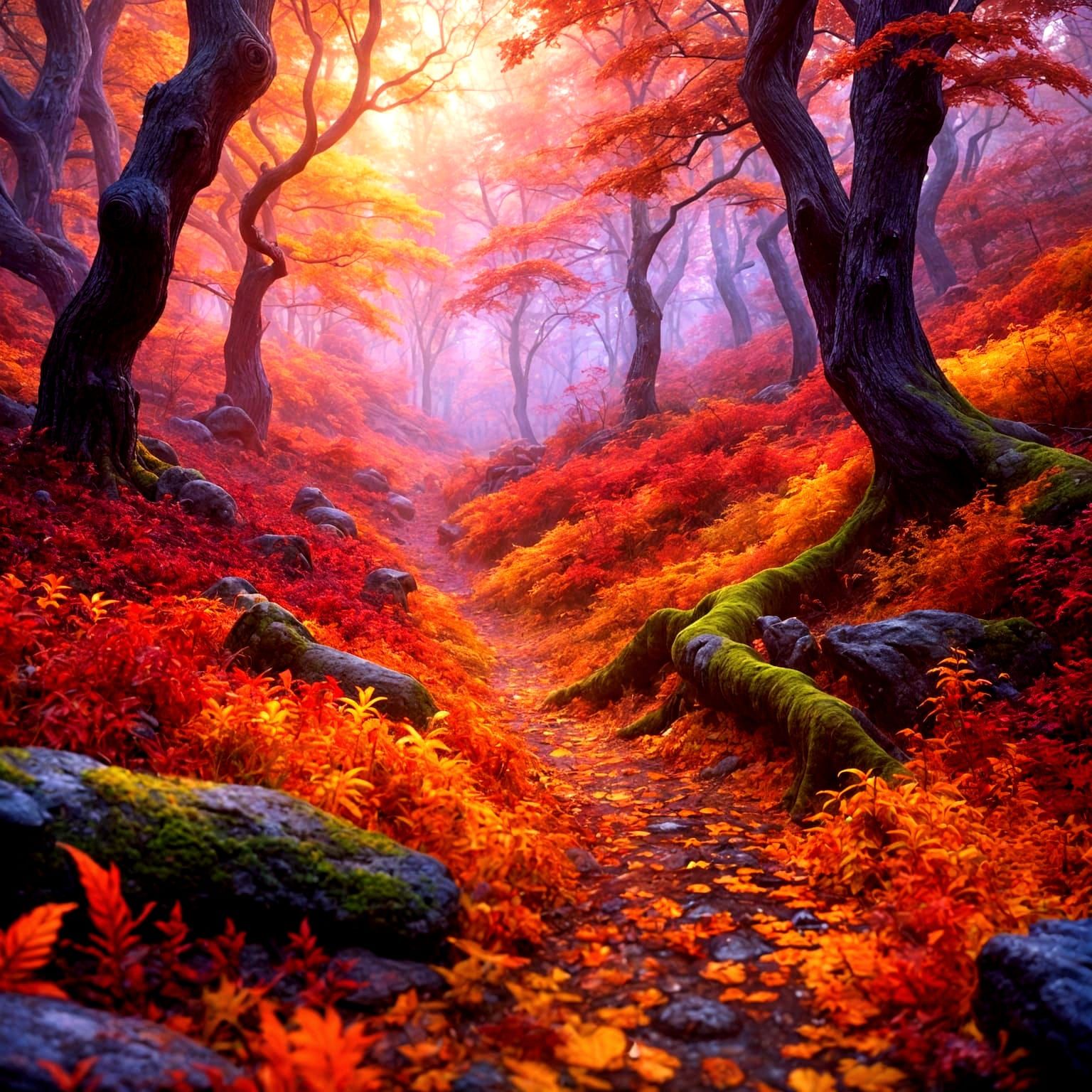 Psychedelic Autumn Forest with Magical Mist