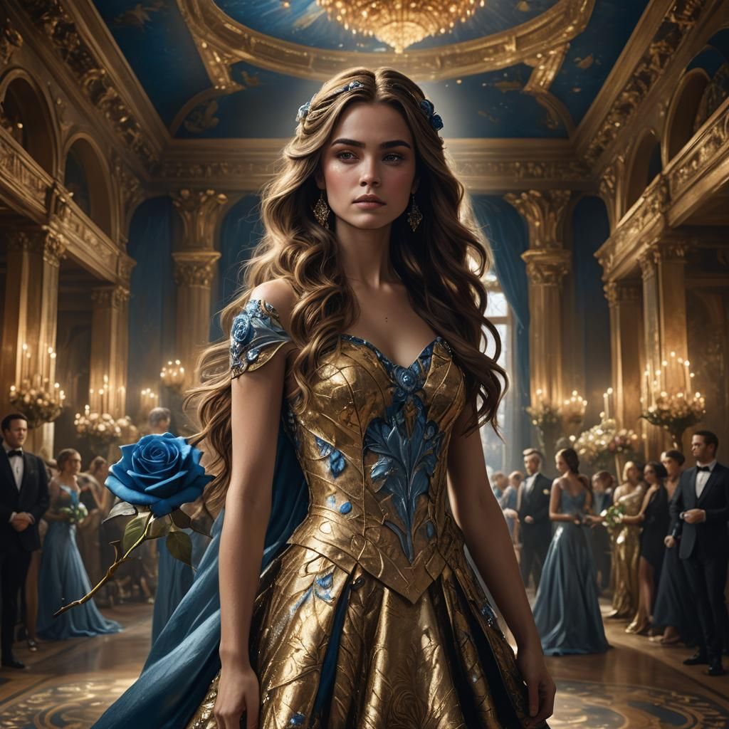 Woman in Gold Dress in Grand Ballroom