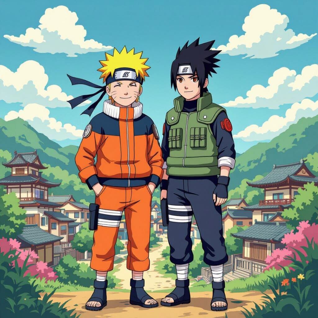 Naruto and Shikamaru in Konoha, Stylized Illustration