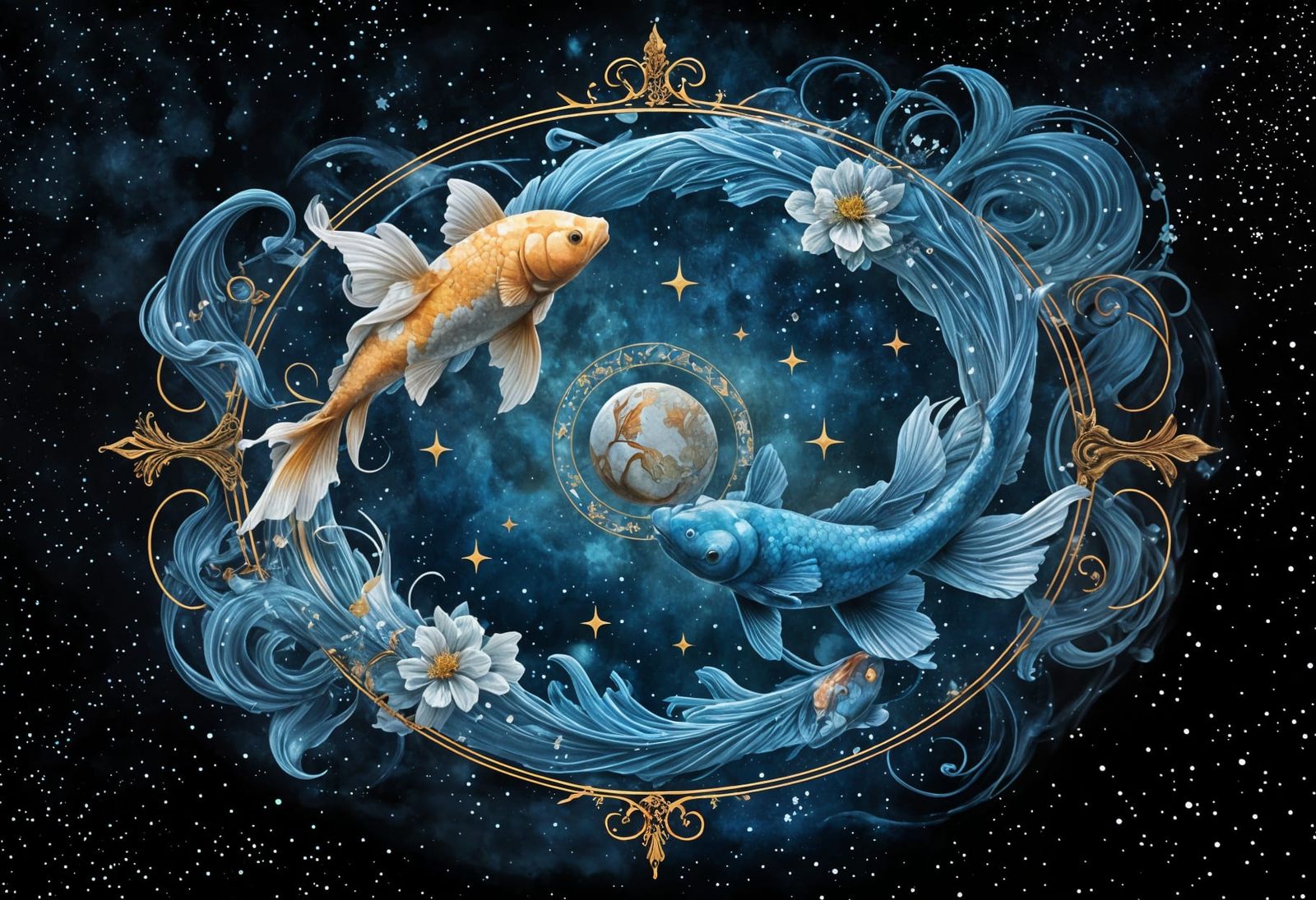 Whimsical Pisces Zodiac Scene with Art Nouveau Elements