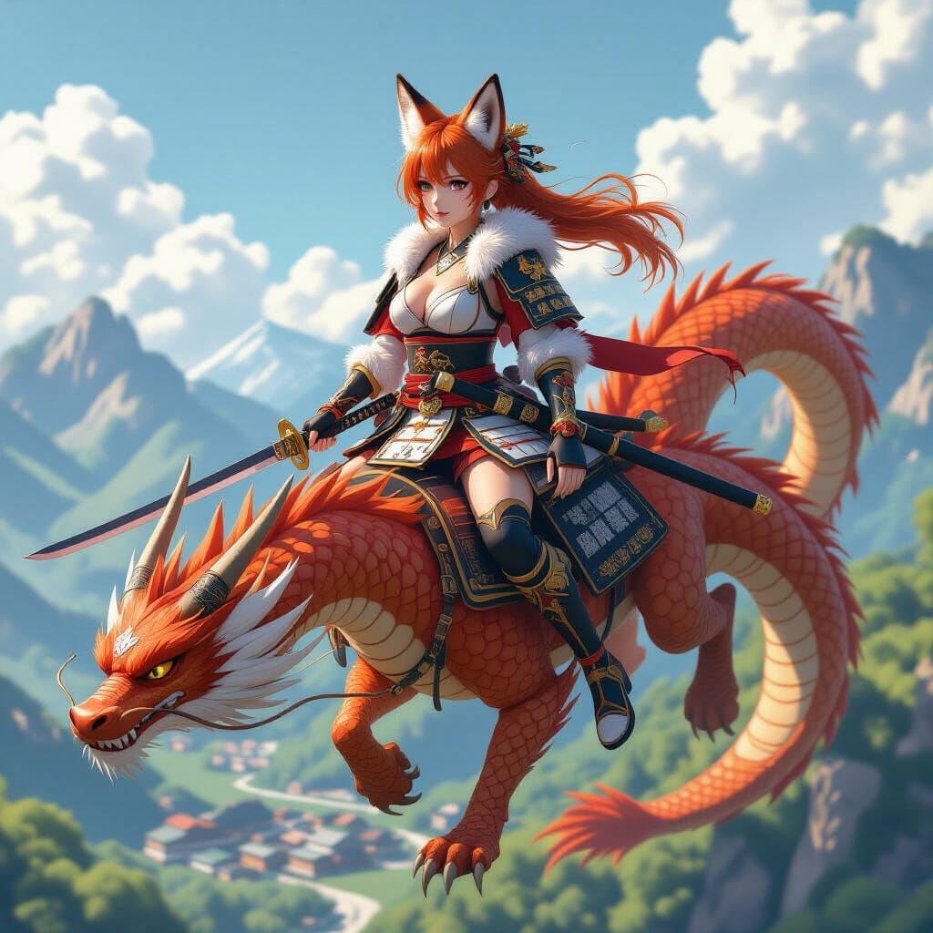 Samurai Fox Woman Riding Dragon with Katana