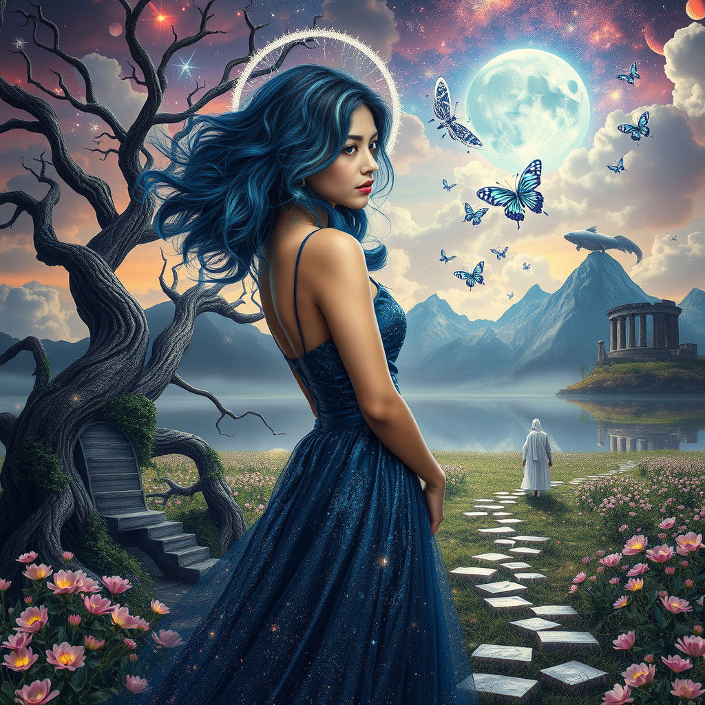 Dreamlike Portrait of Woman with Cosmic Hair