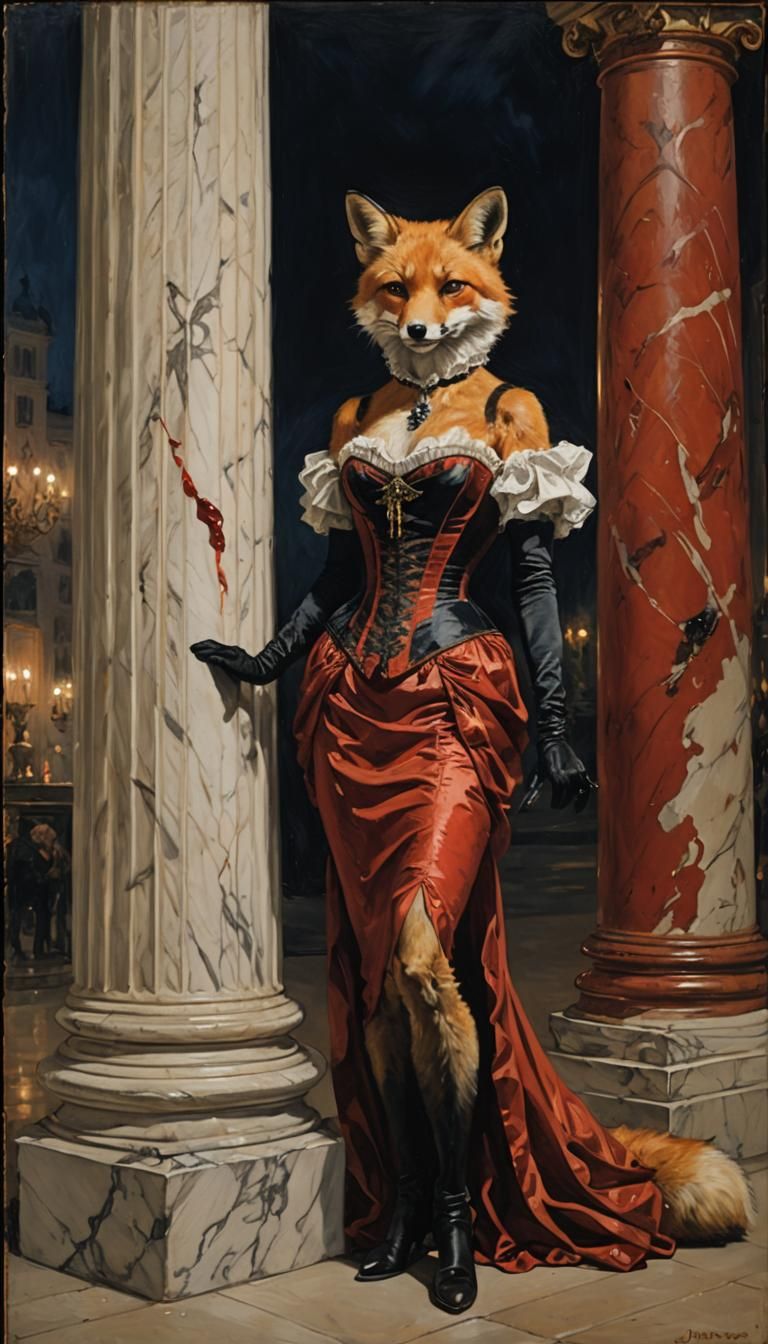Fox in Red Corset, Impressionist Style