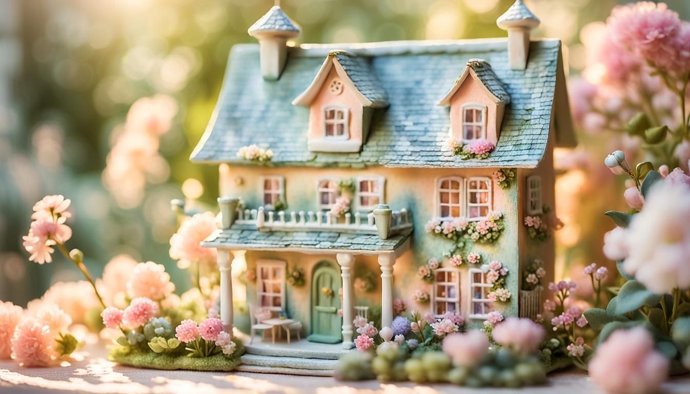 Enchanting Dollhouse in Watercolor Garden Scene
