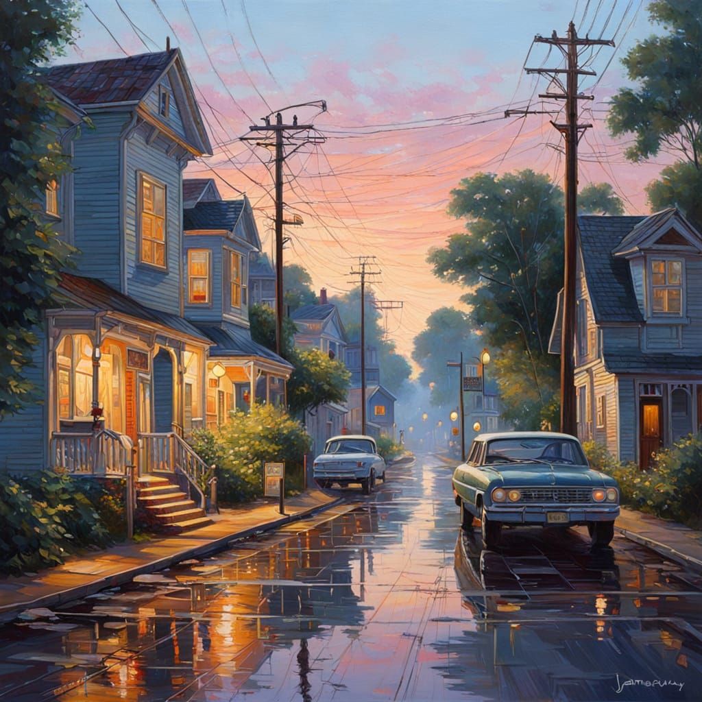 Suburban Dawn in Oil Painting Style